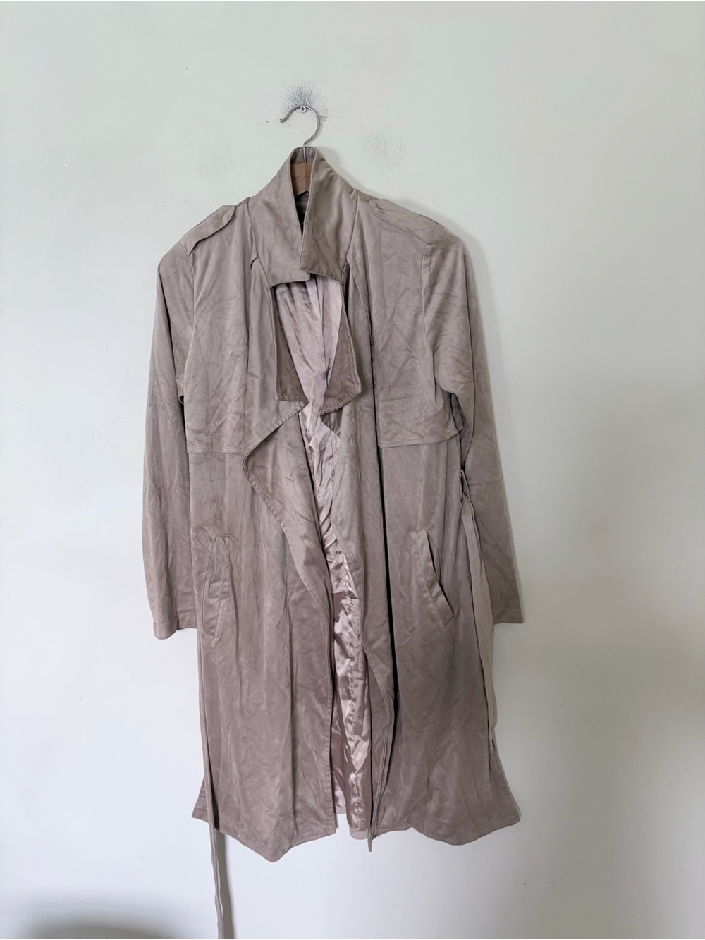 Lulus beige faux suede trench coat features a wrap-style front and longline silh